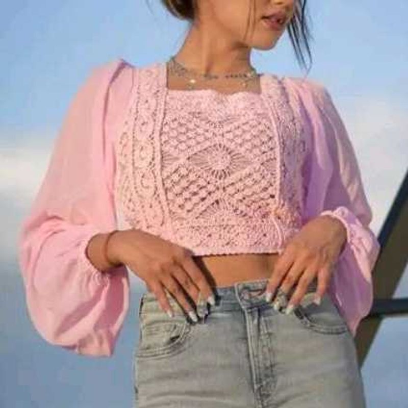 Crochet Crop Top with Puff Sleeves