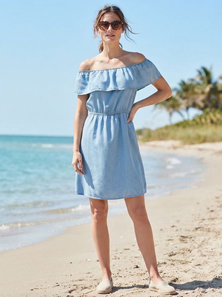 Promod Light Blue Off-Shoulder Chambray Dress