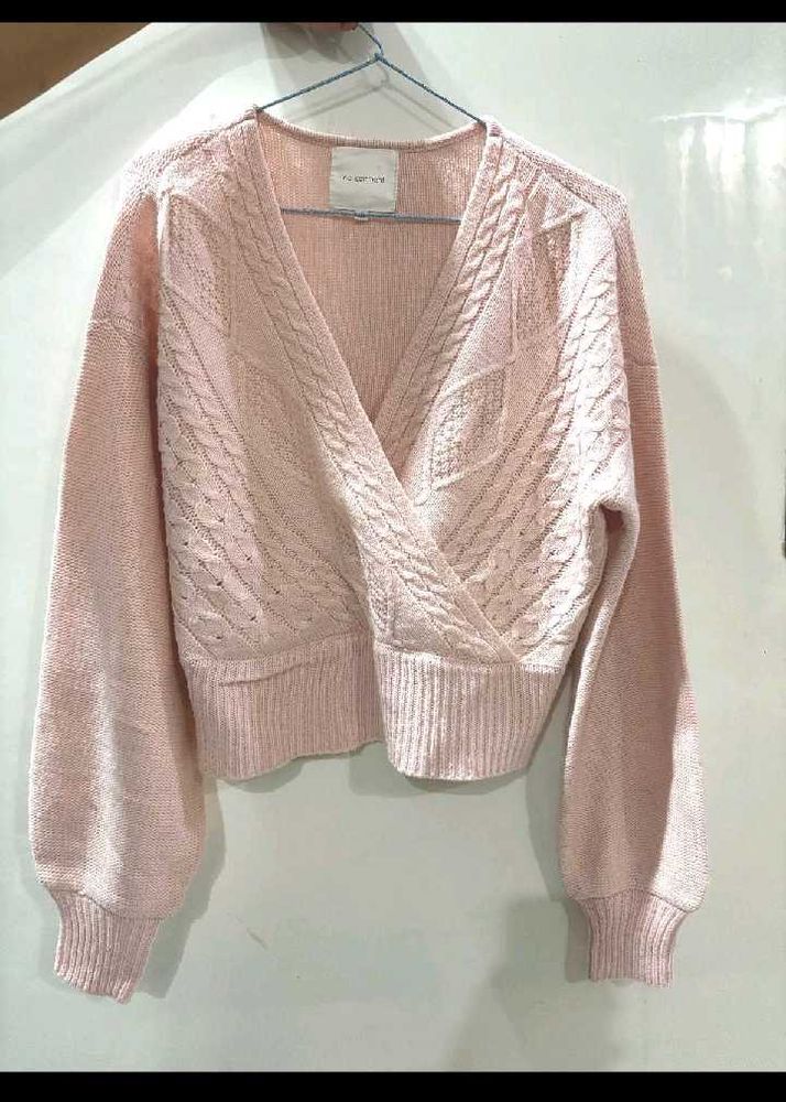 Chic Pink Cable Knit Wrap Sweater