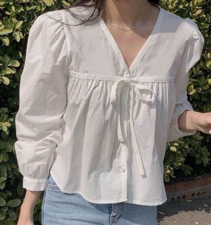 White Puff Sleeve Tie Top