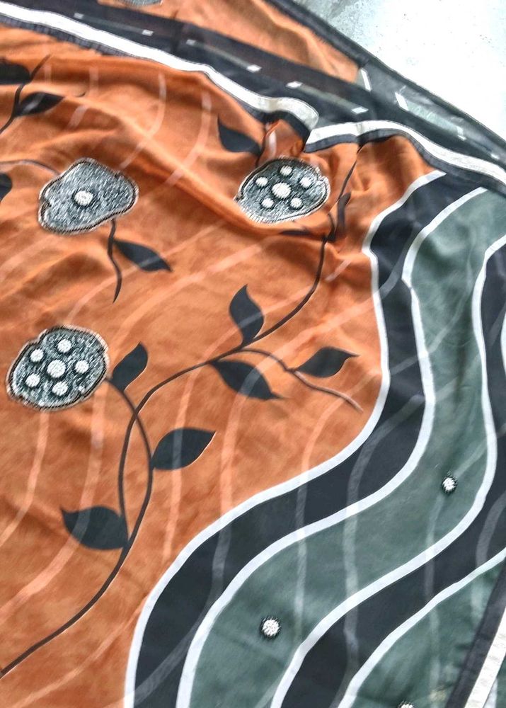 Grey and orange Floral Saree