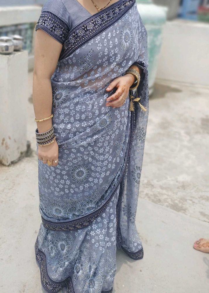 Elegant Grey Floral Saree