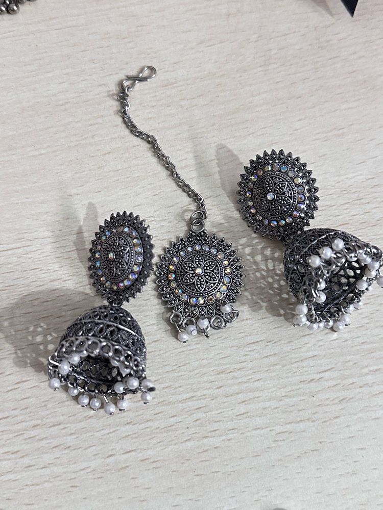 Oxidized Silver Jhumka &amp; Maang Tikka Set