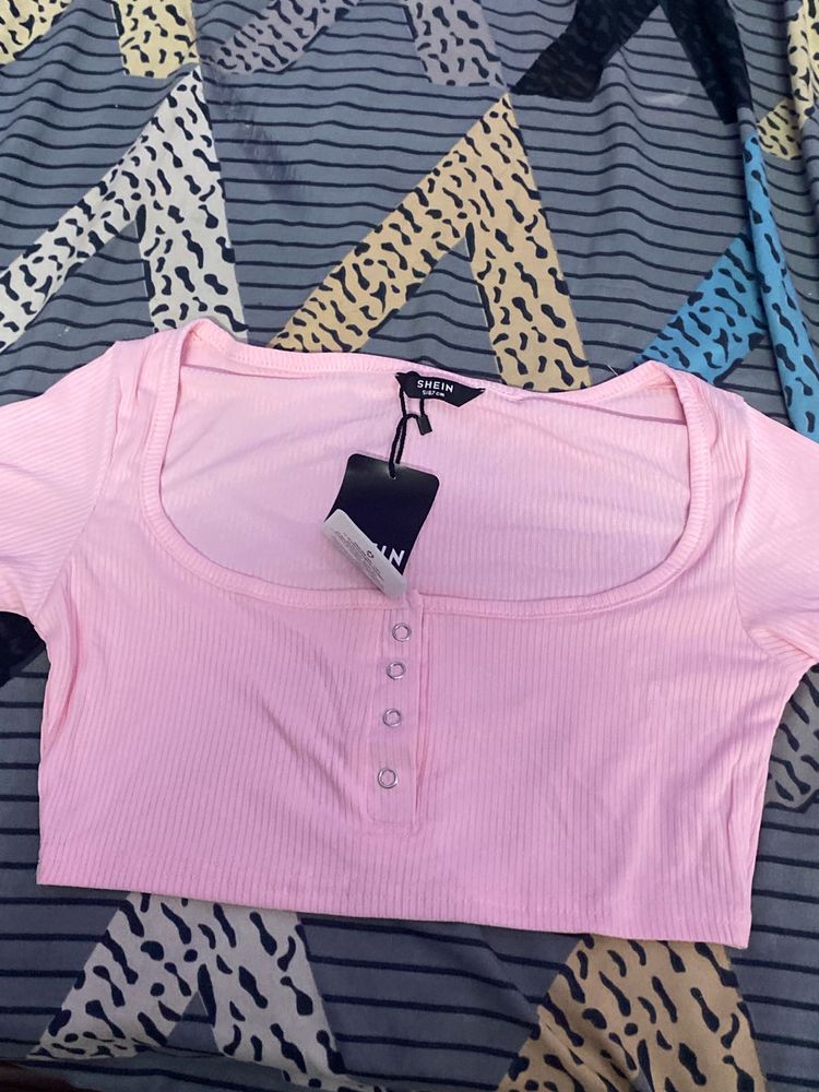 Pink Ribbed Button-Up Crop Top