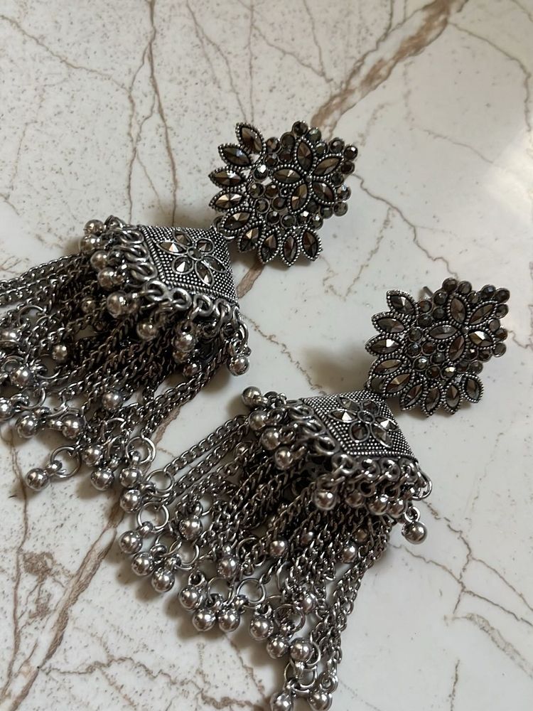 Bohemian Silver Jhumka Earrings