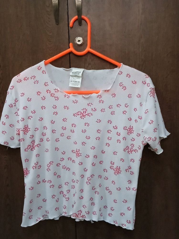 White Printed Ribbed Crop Top