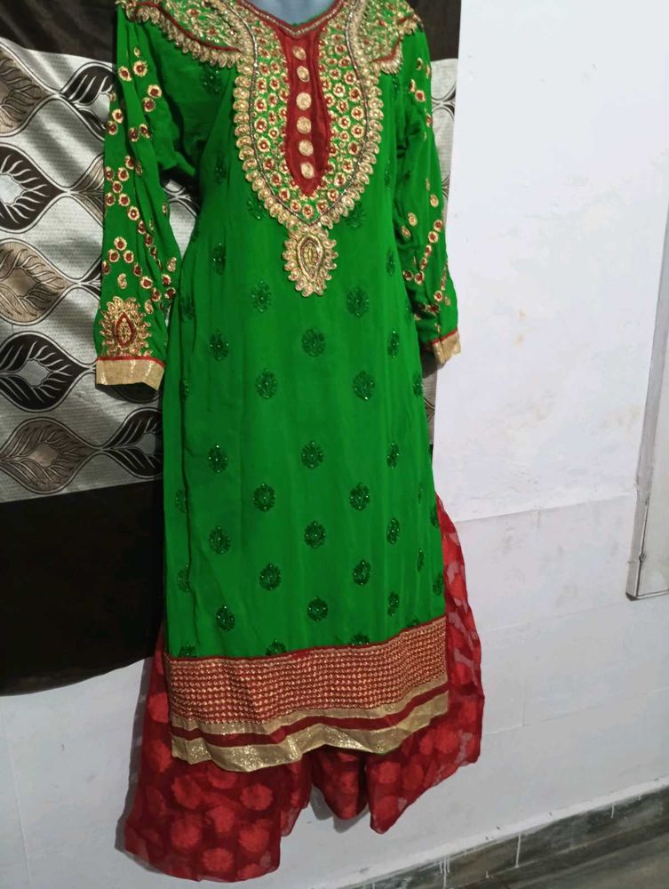 Elegant Green Kurta with Red Palazzo