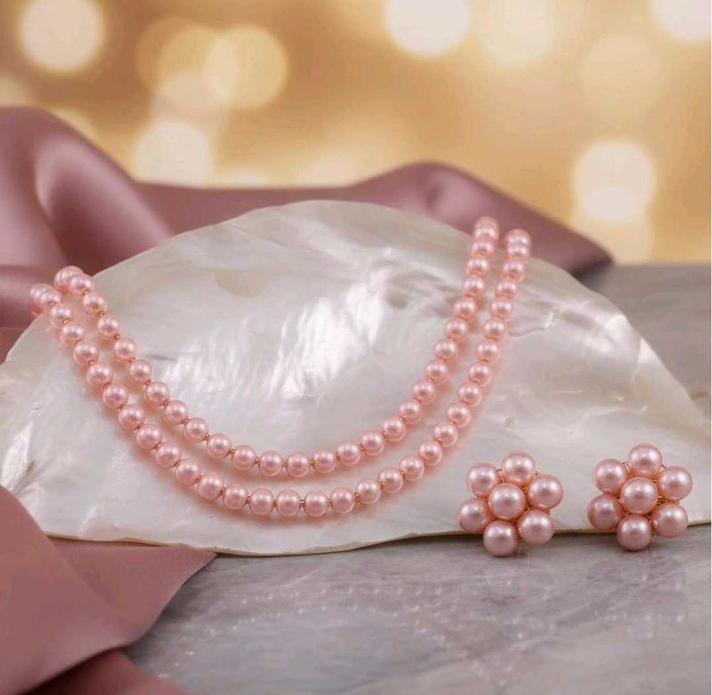 Elegant Pink Pearl Necklace &amp; Earring Set