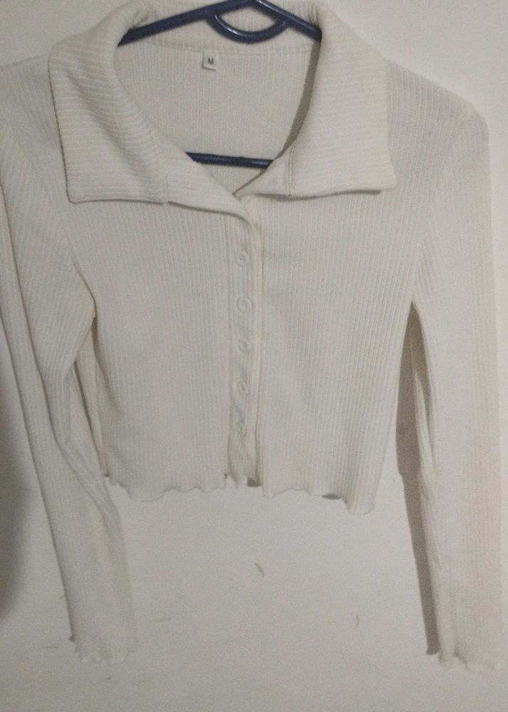 Ribbed Collared Button-Up Top
