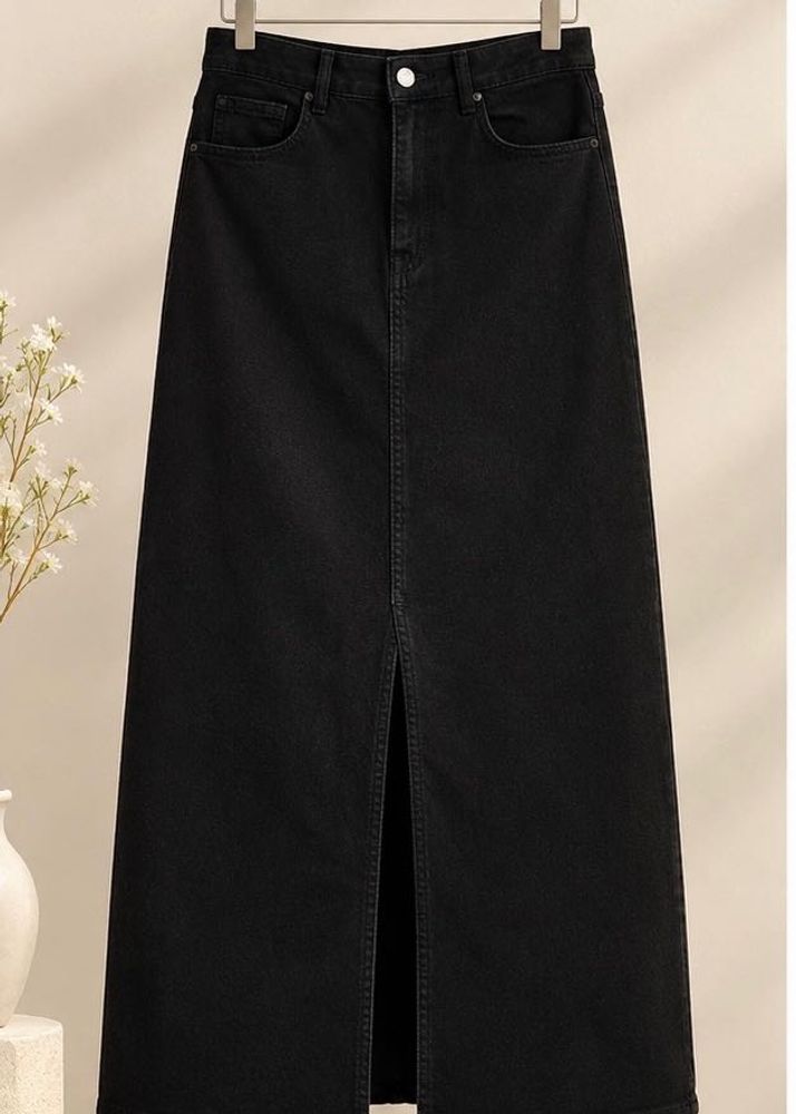 Black Denim Maxi Skirt with Slit