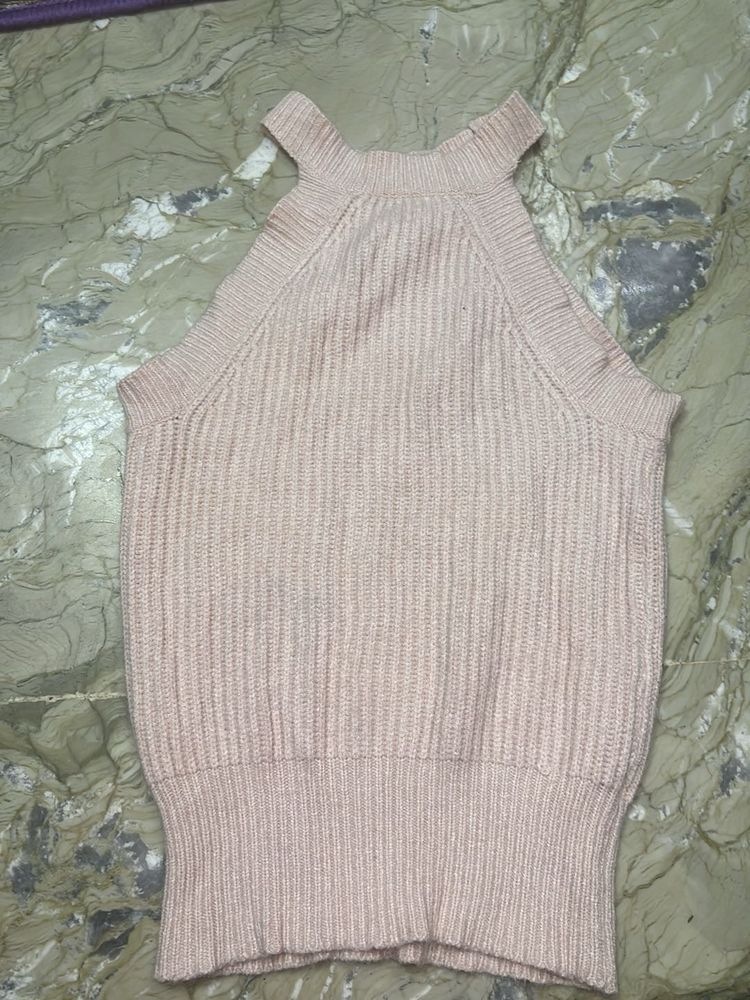 Pink Ribbed Halter Neck Top