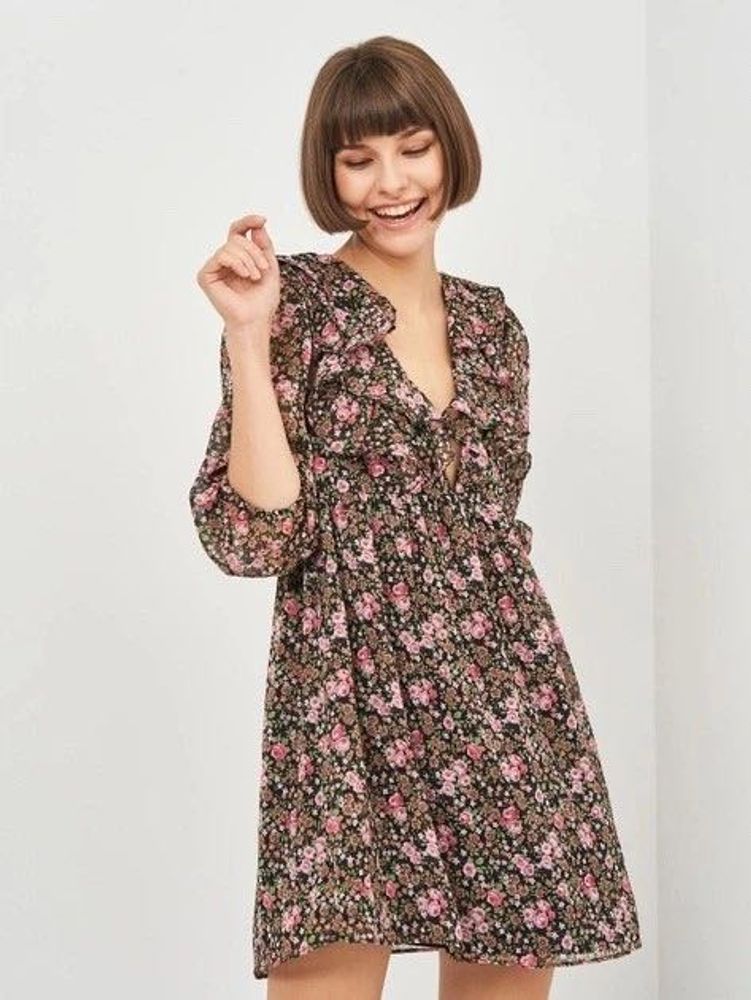Floral Ruffle V-Neck Mini Dress