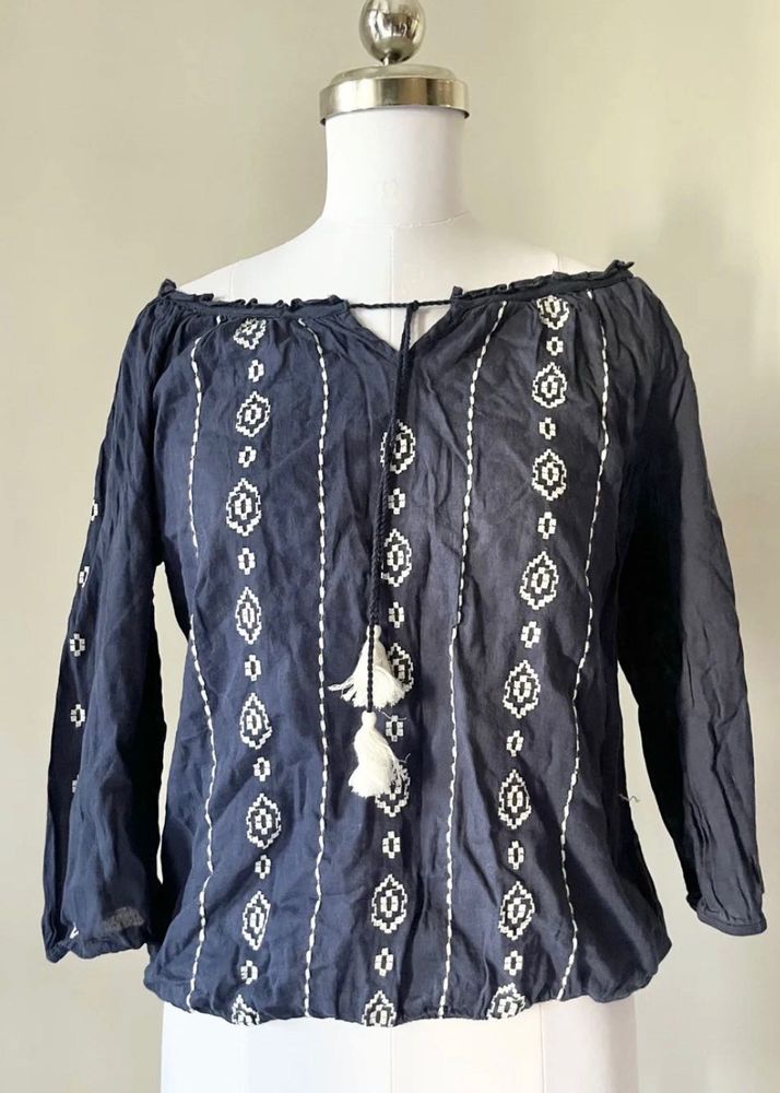Navy Embroidered Tassel Top