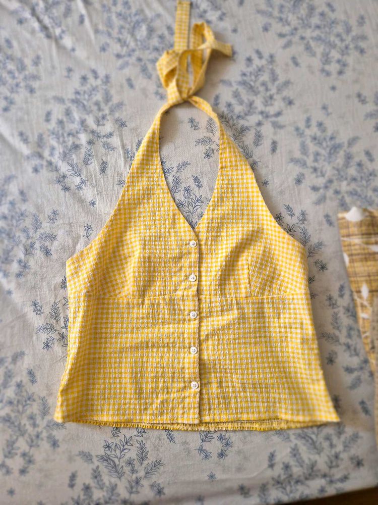 Halter neck cute yellow gingham pattern top