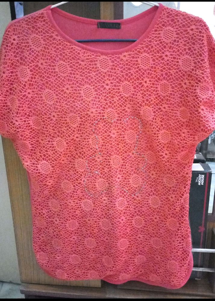 Coral Crochet Top with Rhinestone Anchor