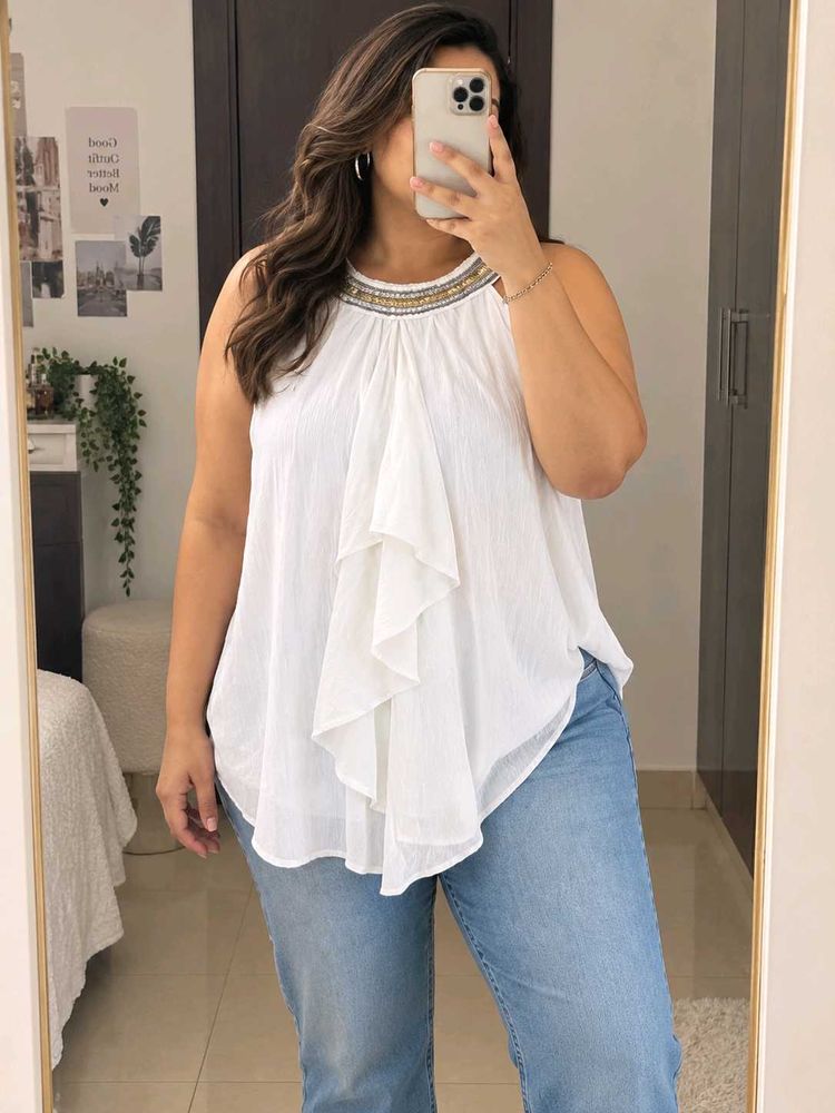 White Ruffled Halter Top with Beaded Neckline