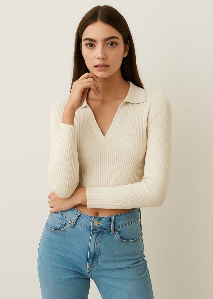 H&amp;M Ribbed Knit Collared V-Neck Top – Women