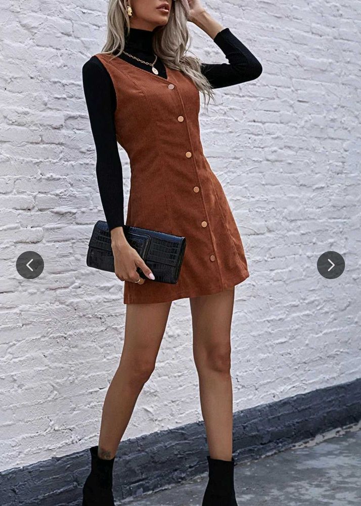 Brown Corduroy Button-Up Mini Dress