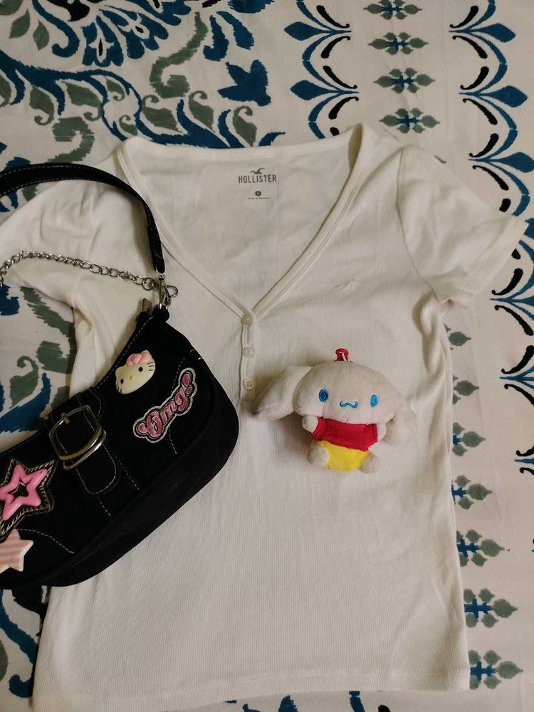 Hollister White V-Neck Henley top