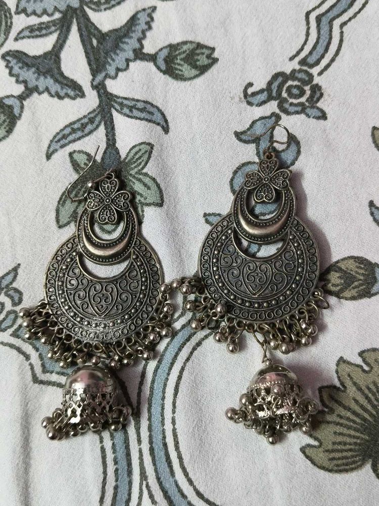 Boho Oxidized Silver Jhumka Earrings(2 set)