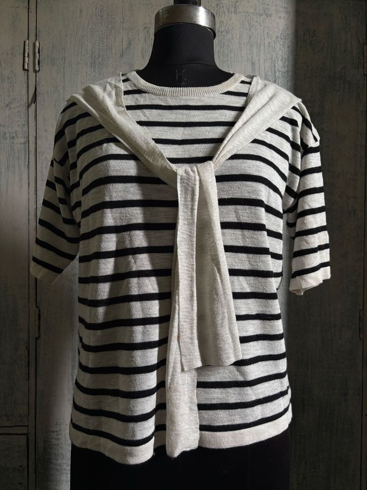 Striped Knit Top with Scarf Detail