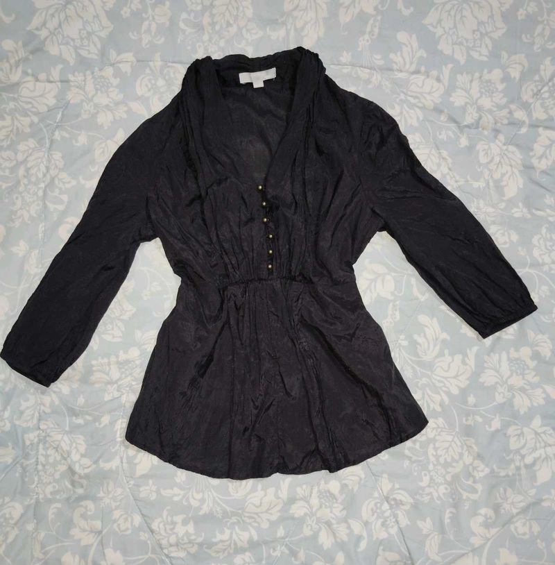 Chic Black Ruched Button-Up Tunic Top