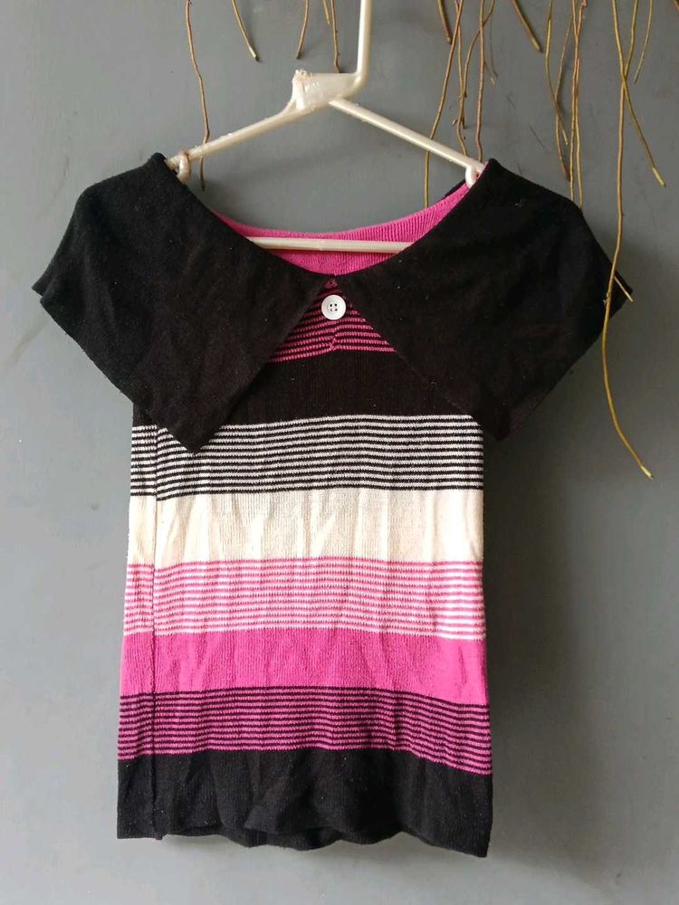 Striped Knit Top with Peter Pan Collar