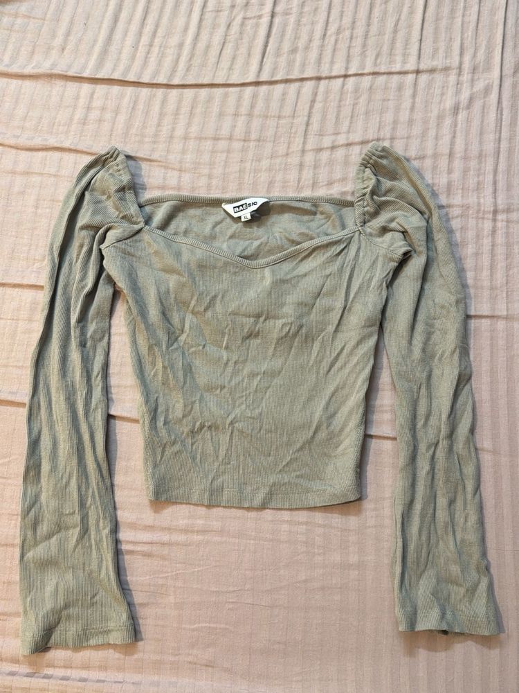 Khakhi-grey Long Sleeve Square Neck Top
