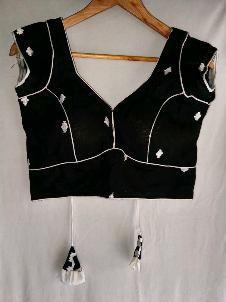 Black Embroidered Blouse with White Piping