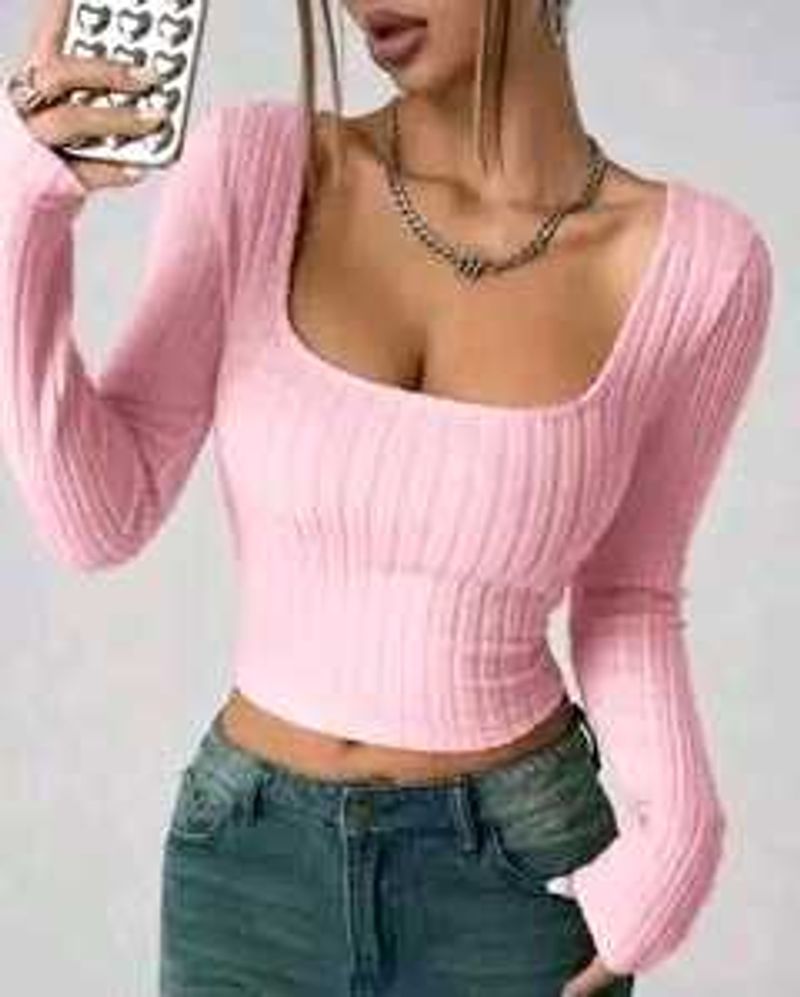Pink Ribbed Square Neck Crop Top