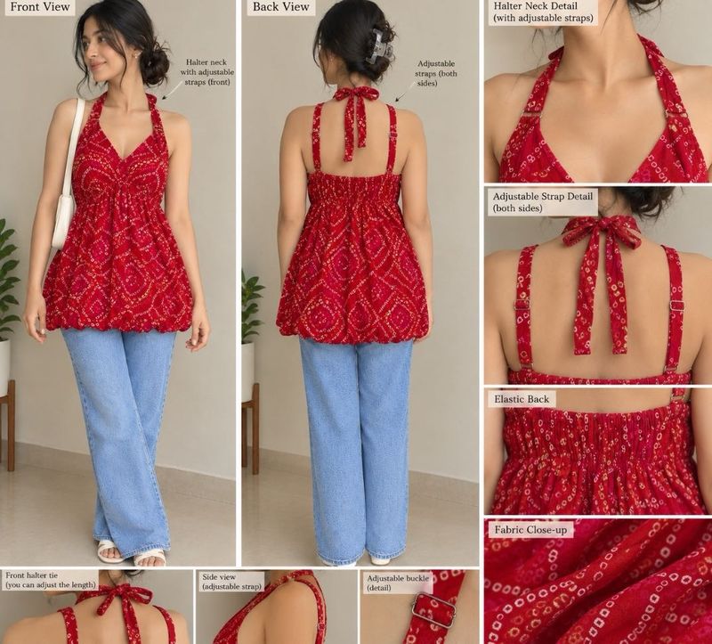 Red Bandhani Print Halter Neck Tunic Top
