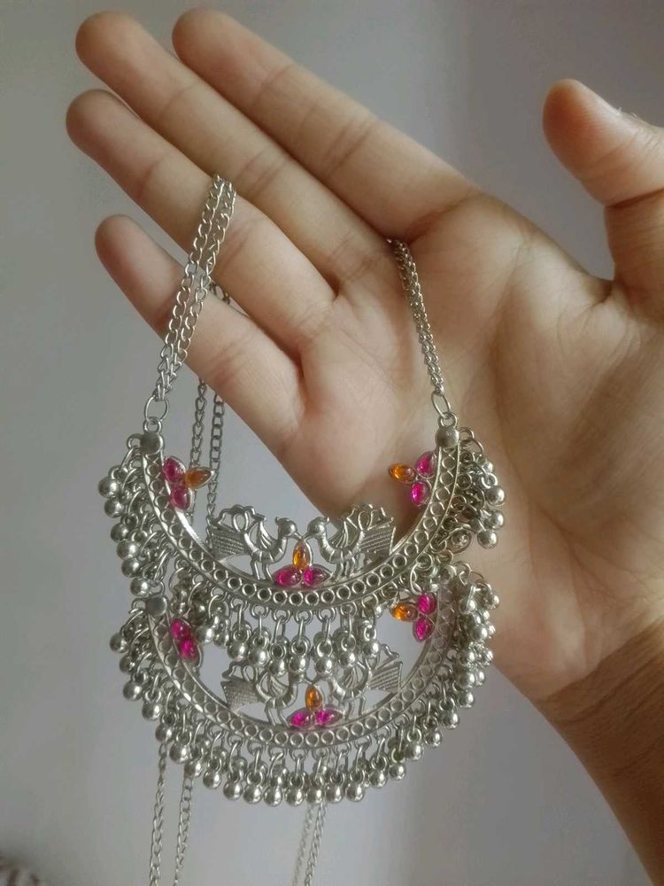 Bohemian Oxidized Silver Necklace with Tassels