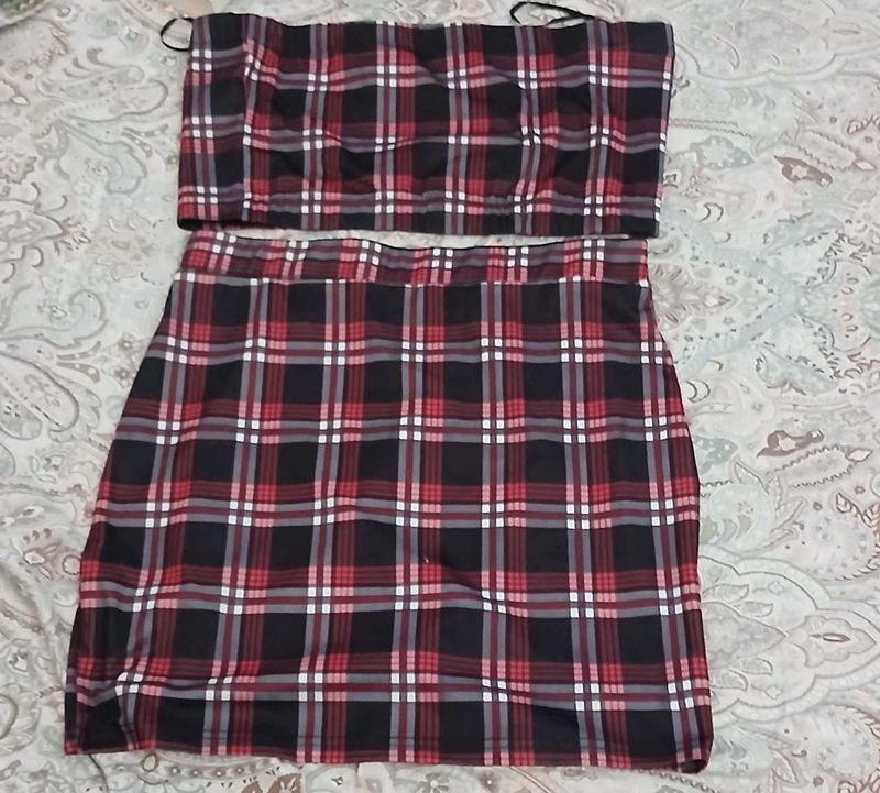 Plaid Tube Top and Skirt Set - XL Size