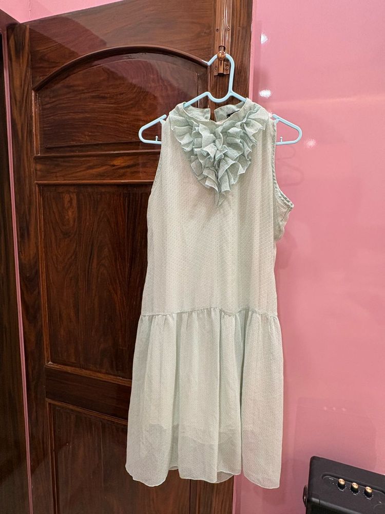 Mint Ruffled Neck Sleeveless Dress