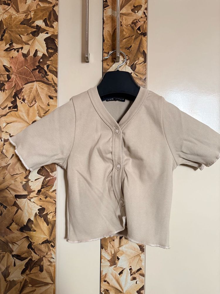Beige Cropped Button-Up Top