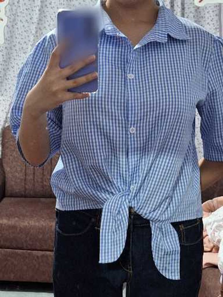 Chic Blue Gingham Tie-Front Shirt