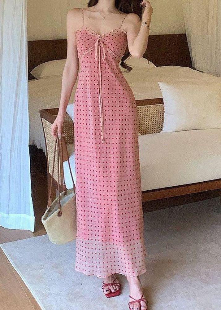 Pink Polka Dot Mesh Midi Dress34 can wear