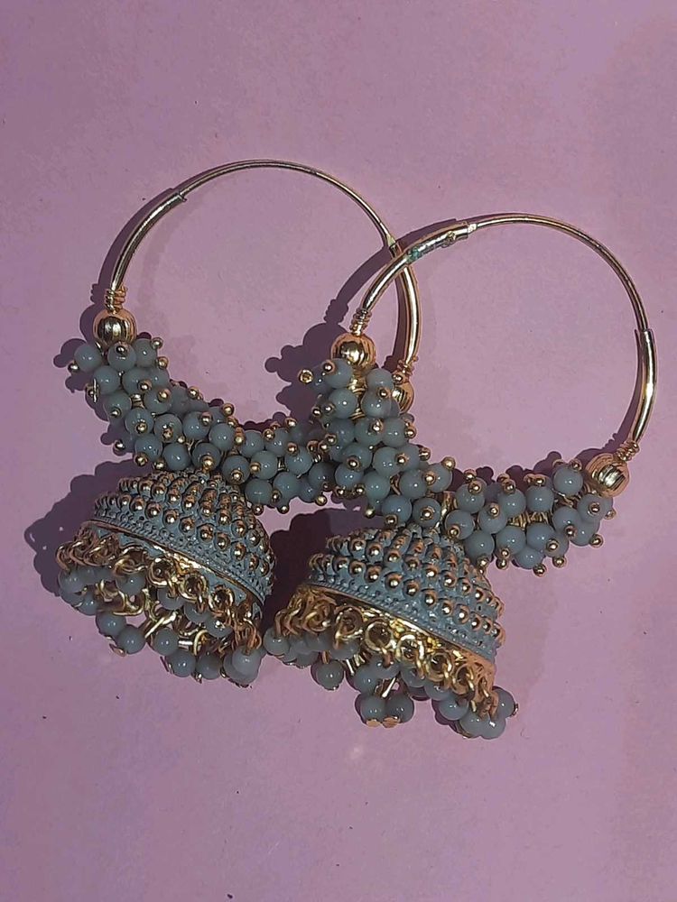 Beautiful Grey Beaded Jhumka Earrings