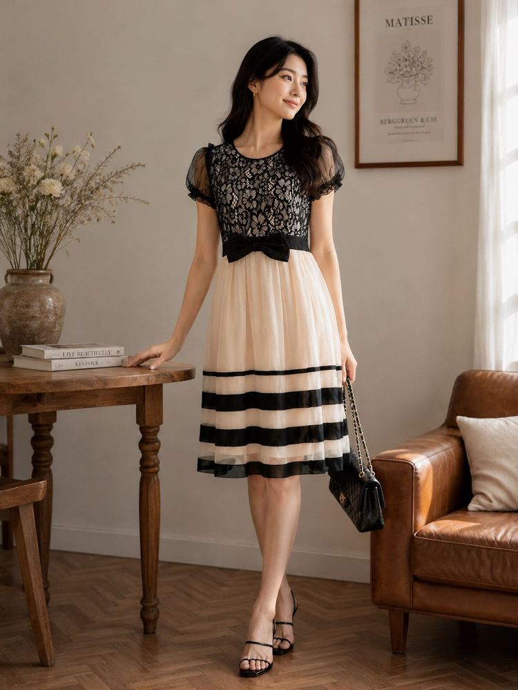 Elegant Lace &amp; Tulle Midi Dress