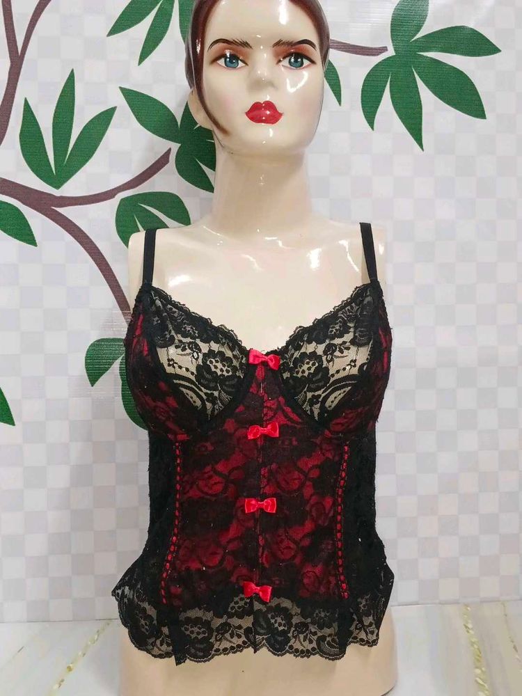 (400)Seductive Red &amp; Black Lace Camisole