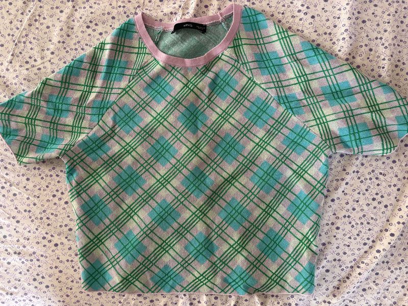 Mango Checkered Short Sleeve Top