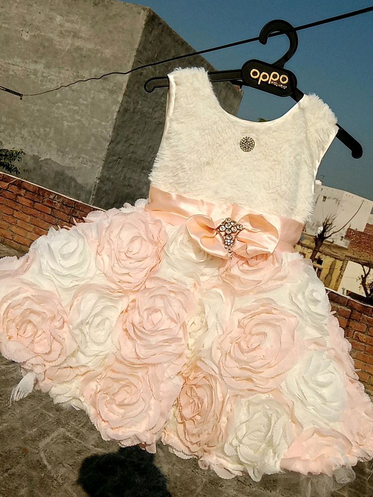 White&amp;Peach Net Floral Jacket Frock In Fur Fabric