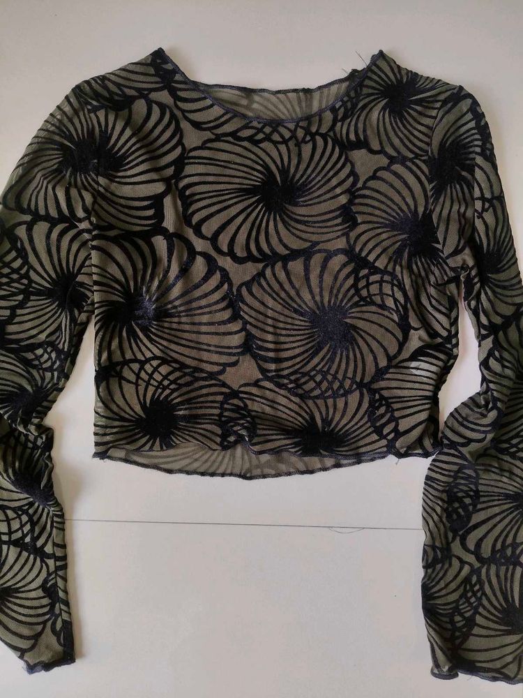 Sheer Mesh Print Long Sleeve Top