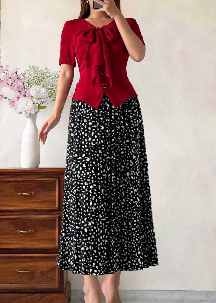 Elegant Red Top with Printed Skirt Set
