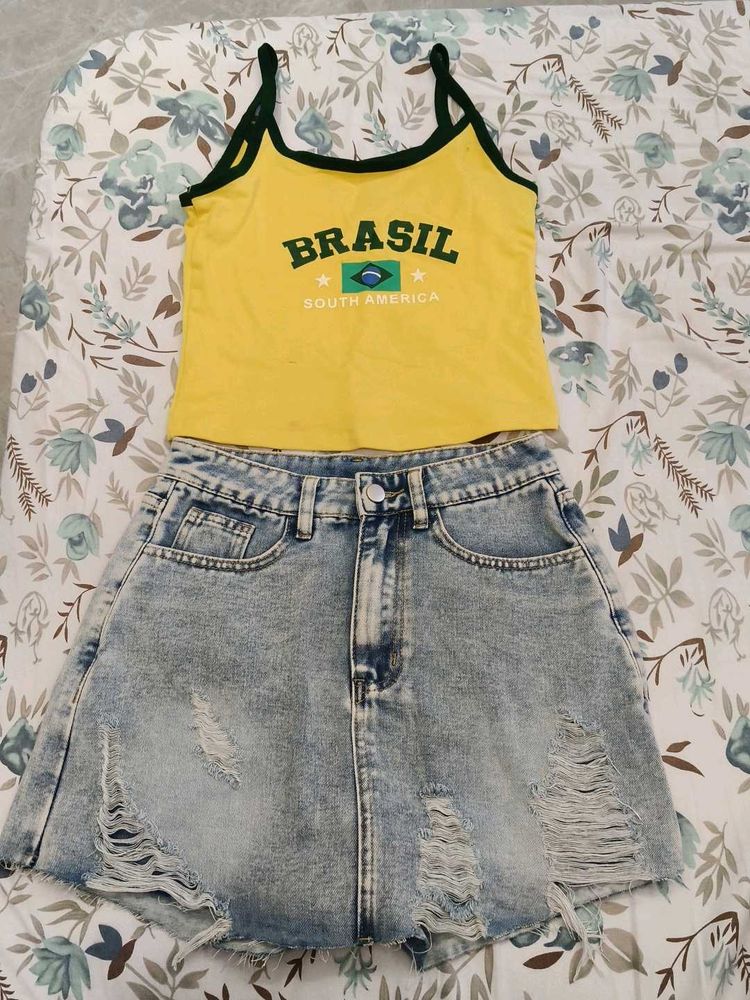 Brasil Graphic Crop Top &amp; Distressed Denim Skirt S