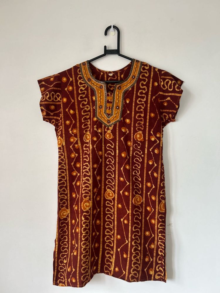 Brown Pure Cotton Kurti with Hand Mirror Work