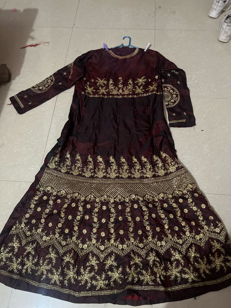 Royal Maroon &amp; rich Gold Embroidered Festive Gown”