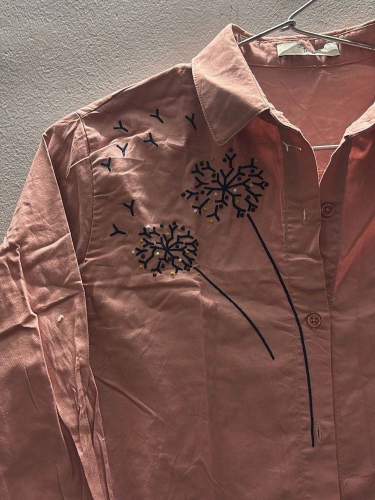 Pink Dandelion Print Button-Up Shirt