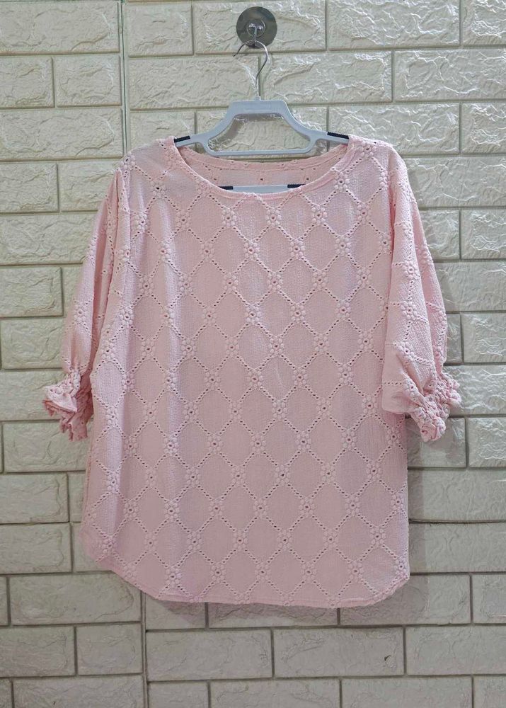Pink Eyelet Embroidered Puff Sleeve Blouse