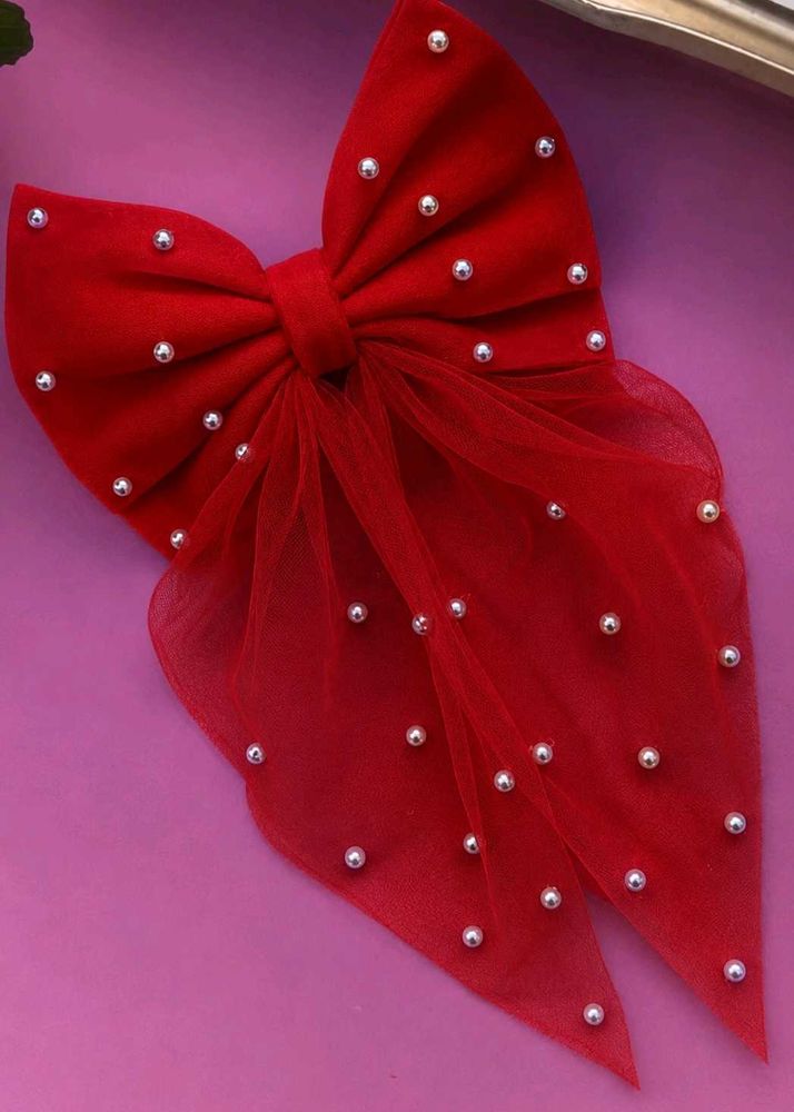 Elegant Red Bow Hair Clip with Pearls
